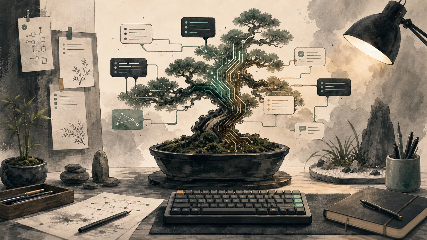 Illustration zu Continue: Coding-Workflow als verzweigender Schaltkreis-Bonsai