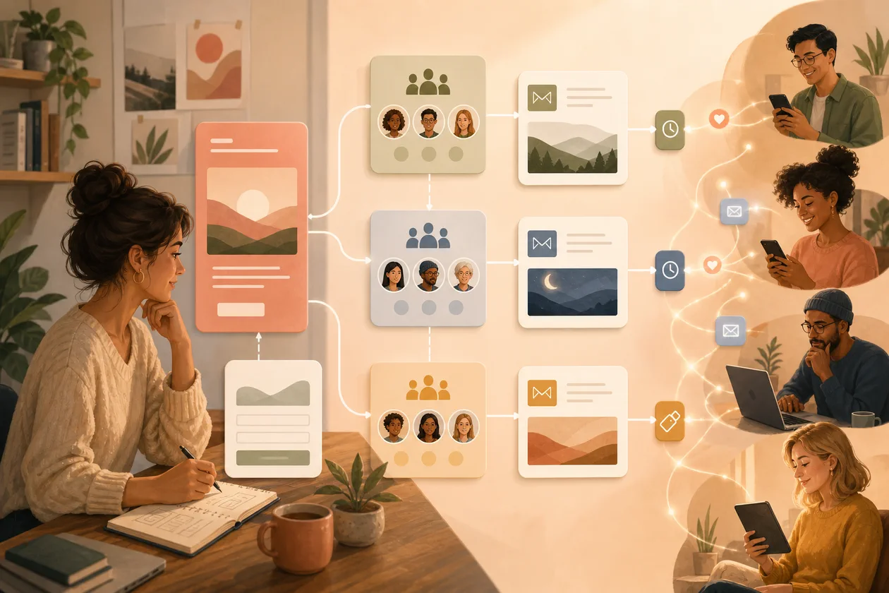 Illustration for ConvertKit: creator plans newsletters, audiences, and email journeys
