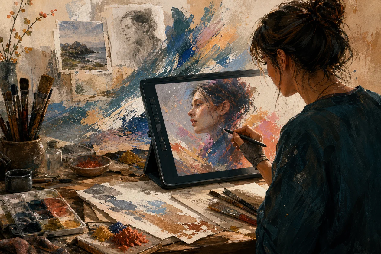 Illustration for Corel Painter: digital artist blends brush textures and layers on a tablet