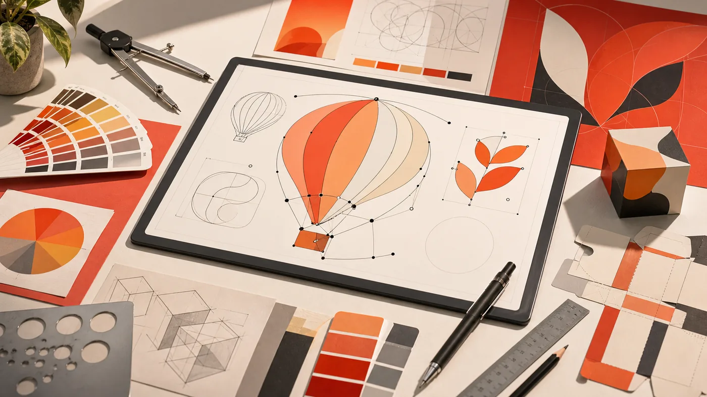 Illustration zu CorelDRAW: Vektorkurven, Lineale und Verpackungsskizzen auf einem Zeichentisch