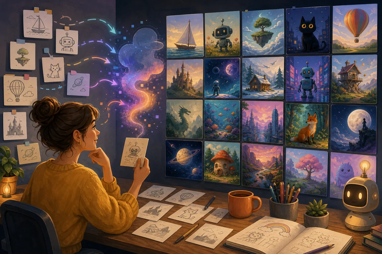 Illustration zu Craiyon: Kreative waehlt aus spielerischen KI-Bildvarianten