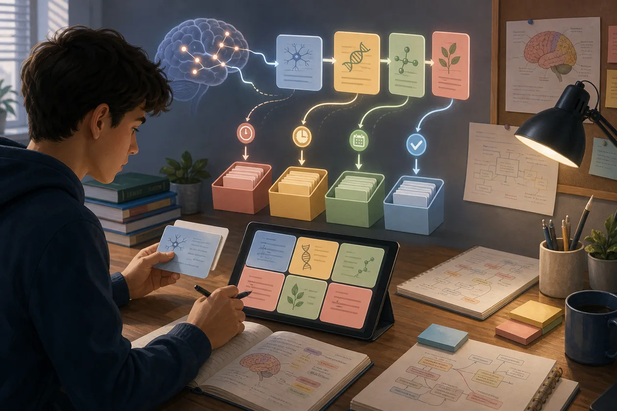 Illustration for Cram: student organizes digital flashcards and review paths