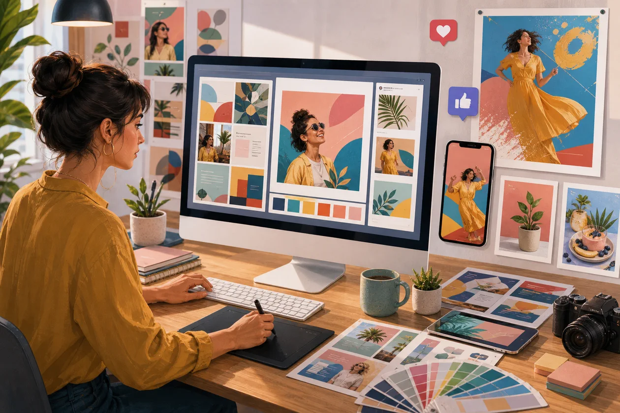 Illustration zu Crello (jetzt VistaCreate): Designer arrangiert Vorlagen, Farbtafeln und Social-Media-Motive