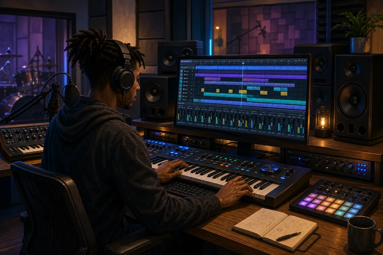 Illustration zu Cubase: Musikproduzent arrangiert Spuren, Instrumente und Mixer-Signale
