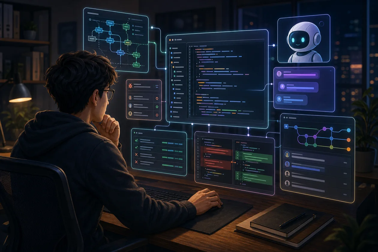 Illustration zu Cursor: Entwickler navigiert Codebasis, Tests und KI-Vorschlaege