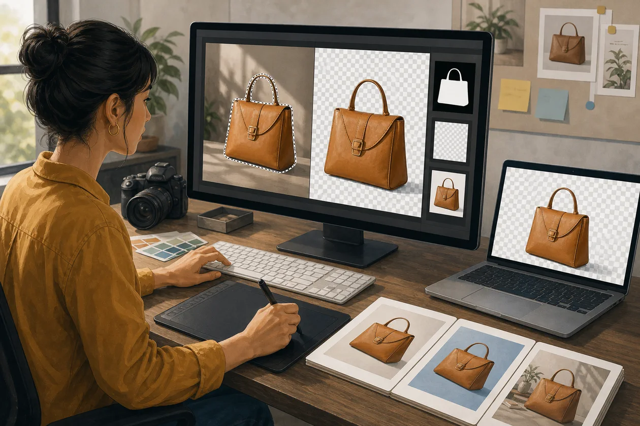 Illustration zu Cutout: Designer stellt Motive frei und prueft Masken auf transparentem Hintergrund