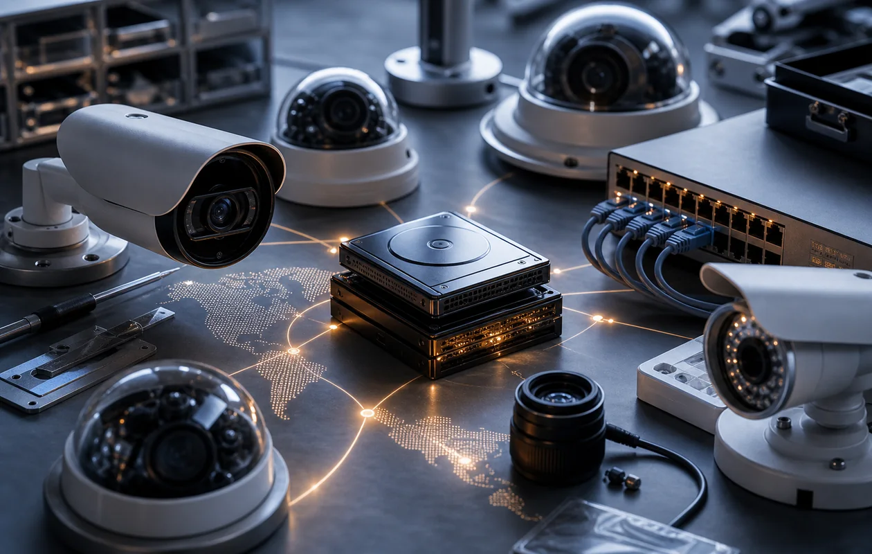 Illustration for Dahua Technology: camera lenses, network paths, and archive modules form a security workflow
