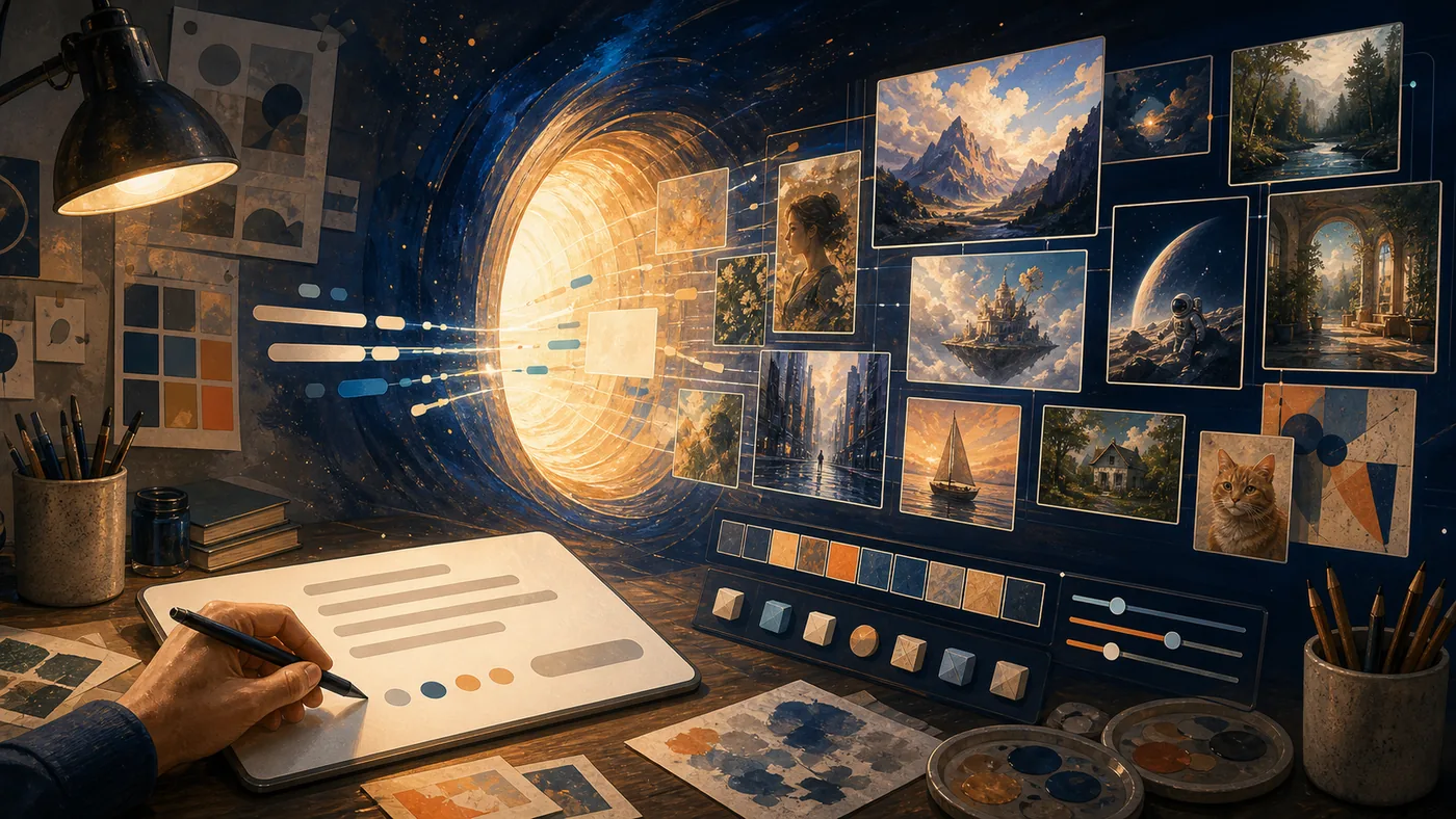 Illustration zu DALL-E: eine Idee öffnet ein Atelier aus Bildvarianten und visuellen Entwürfen