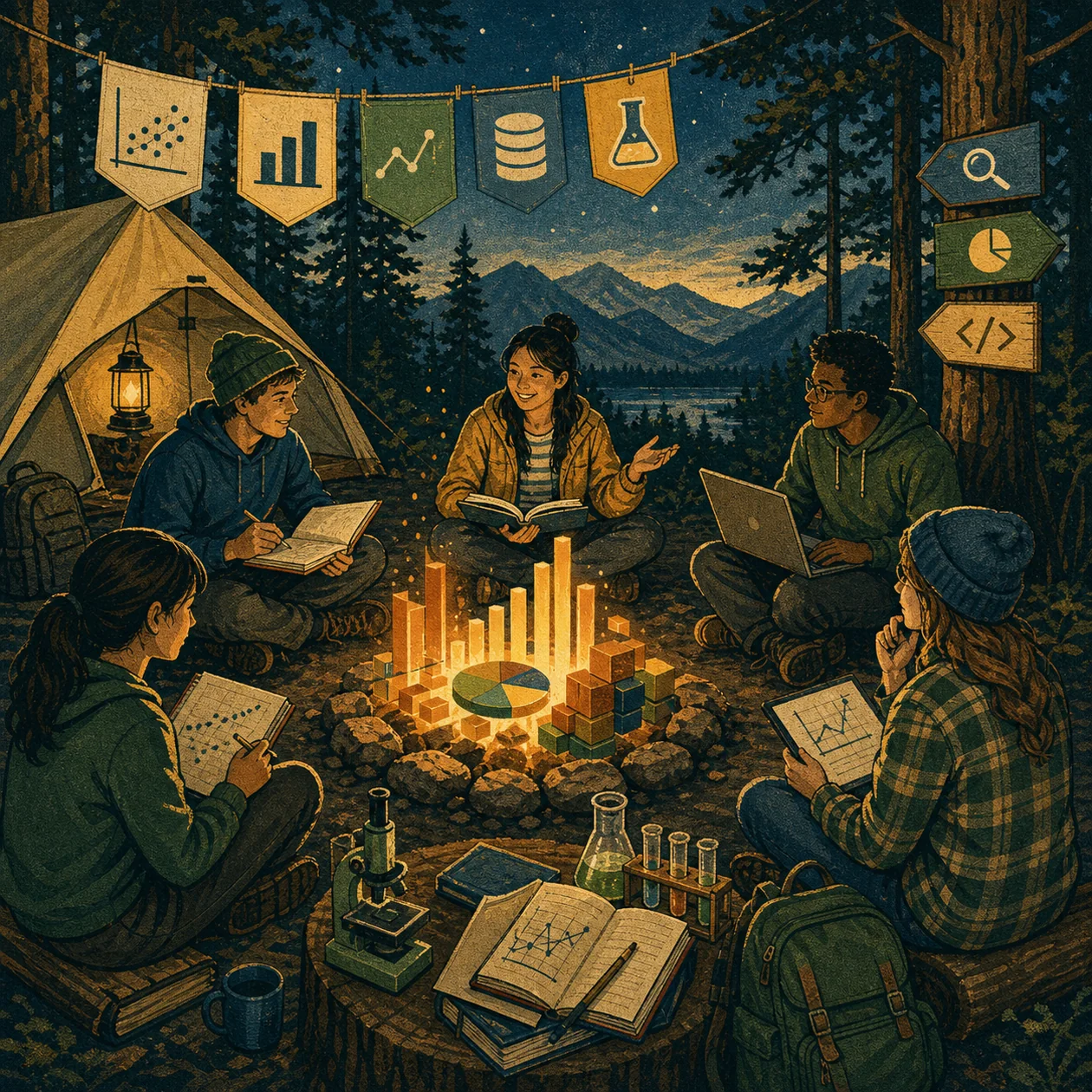 Illustration for DataCamp: learning camp with data fire, notebooks, and analytics markers