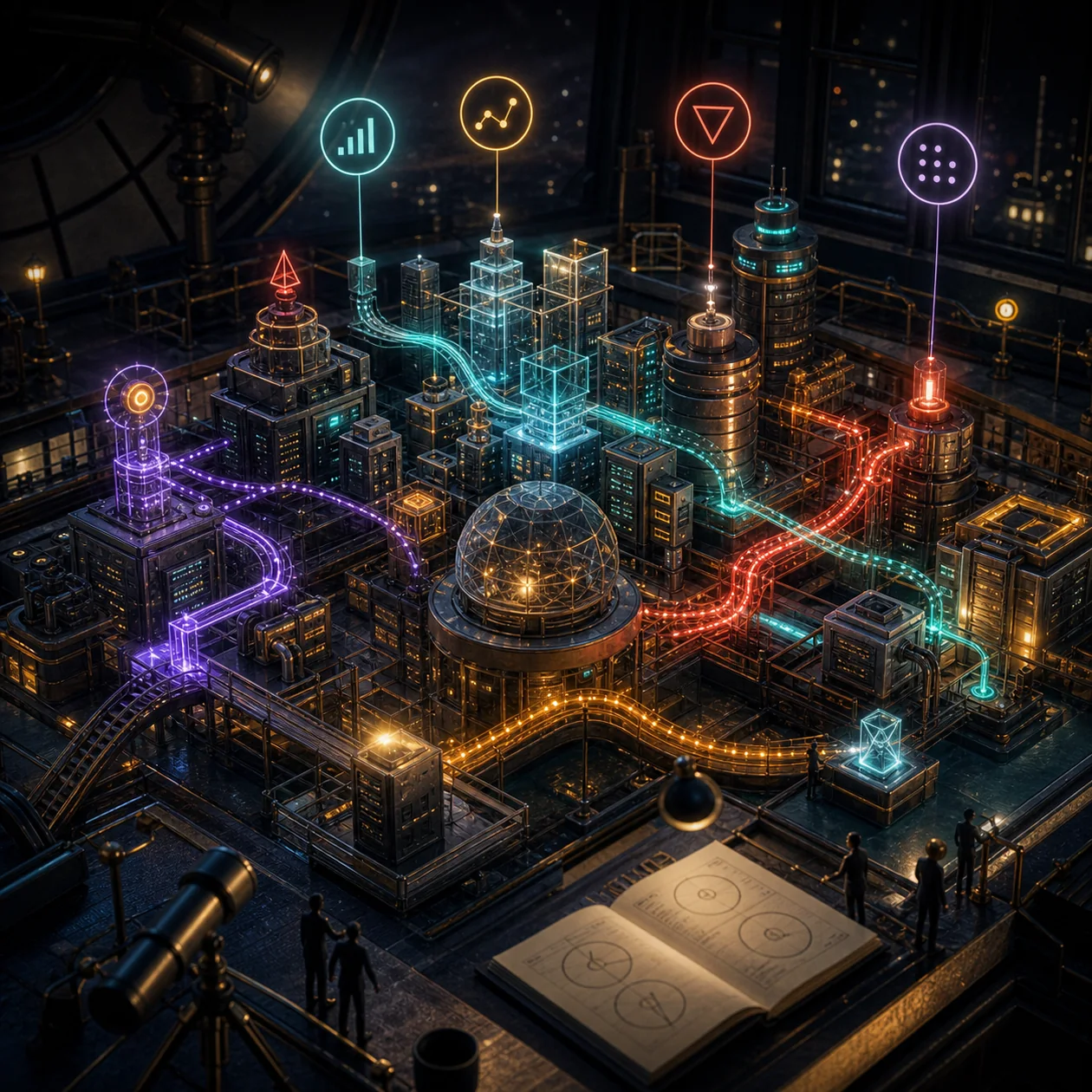 Illustration for Datadog: observability city model with colored telemetry trails