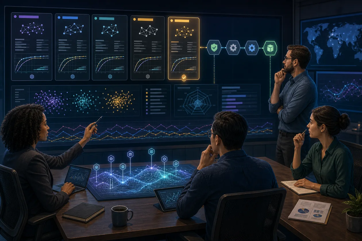 Illustration zu DataRobot: AutoML-Team vergleicht Modellkarten, Monitoring und Deployment-Gates