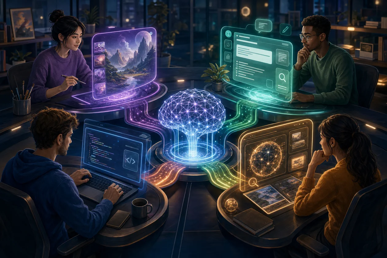 Illustration zu Deep AI: Kreative und Analysten nutzen mehrere KI-Werkzeuge um einen Modellkern