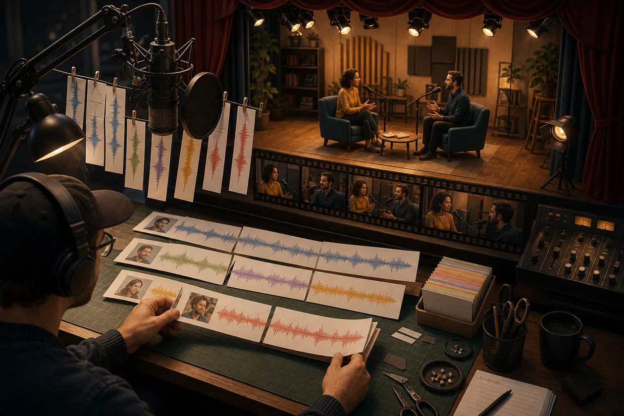 Illustration zu Descript: Podcast-Editor schneidet Sprache, Wellenformen und Videoframes im Audiotheater