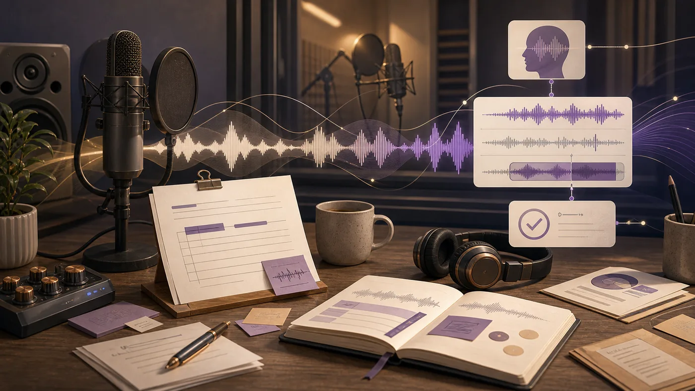 Illustration zu Descript Overdub: Sprachwellen, Skriptseiten und Mikrofon unter menschlicher Kontrolle