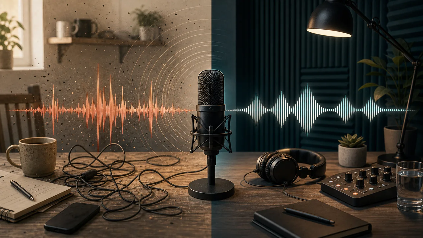 Illustration zu Descript Studio Sound: Rohaufnahme wird zur Studio-Stimme