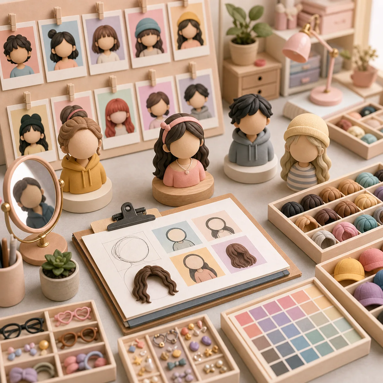 Illustration for Dollify: avatar atelier with face templates, accessories, and color palettes