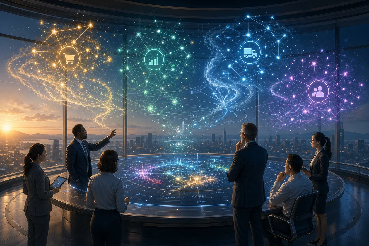 Illustration zu Domo: Business-Team liest Unternehmenssignale in einer Datensternwarte