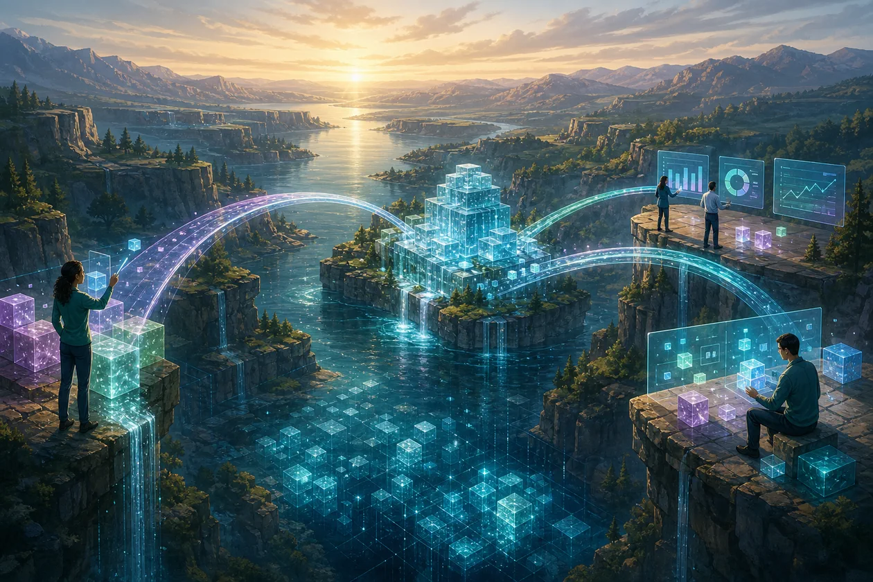 Illustration for Dremio: analysts build query bridges across an open data landscape