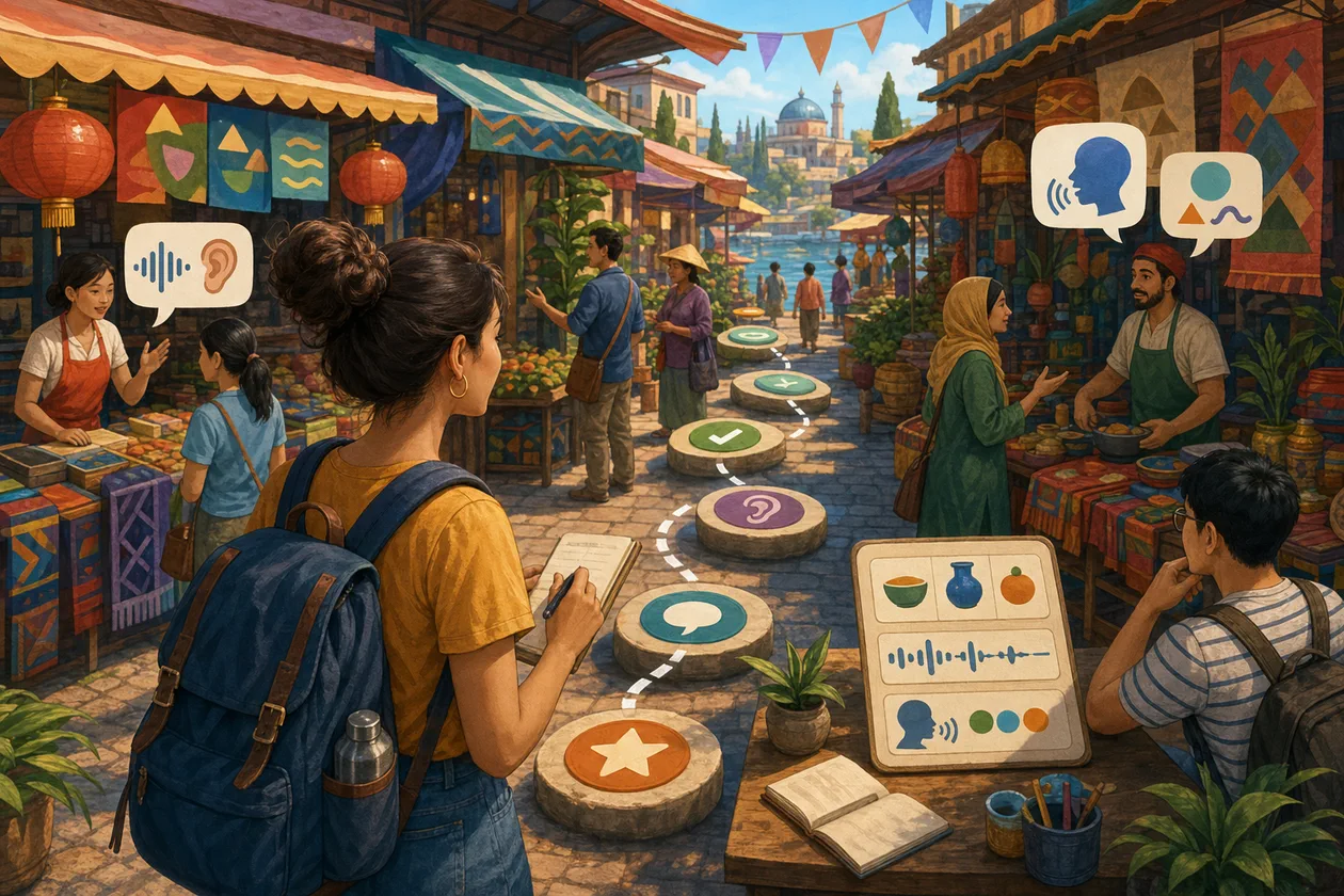Illustration for Duolingo: language learner follows practice paths through a colorful market