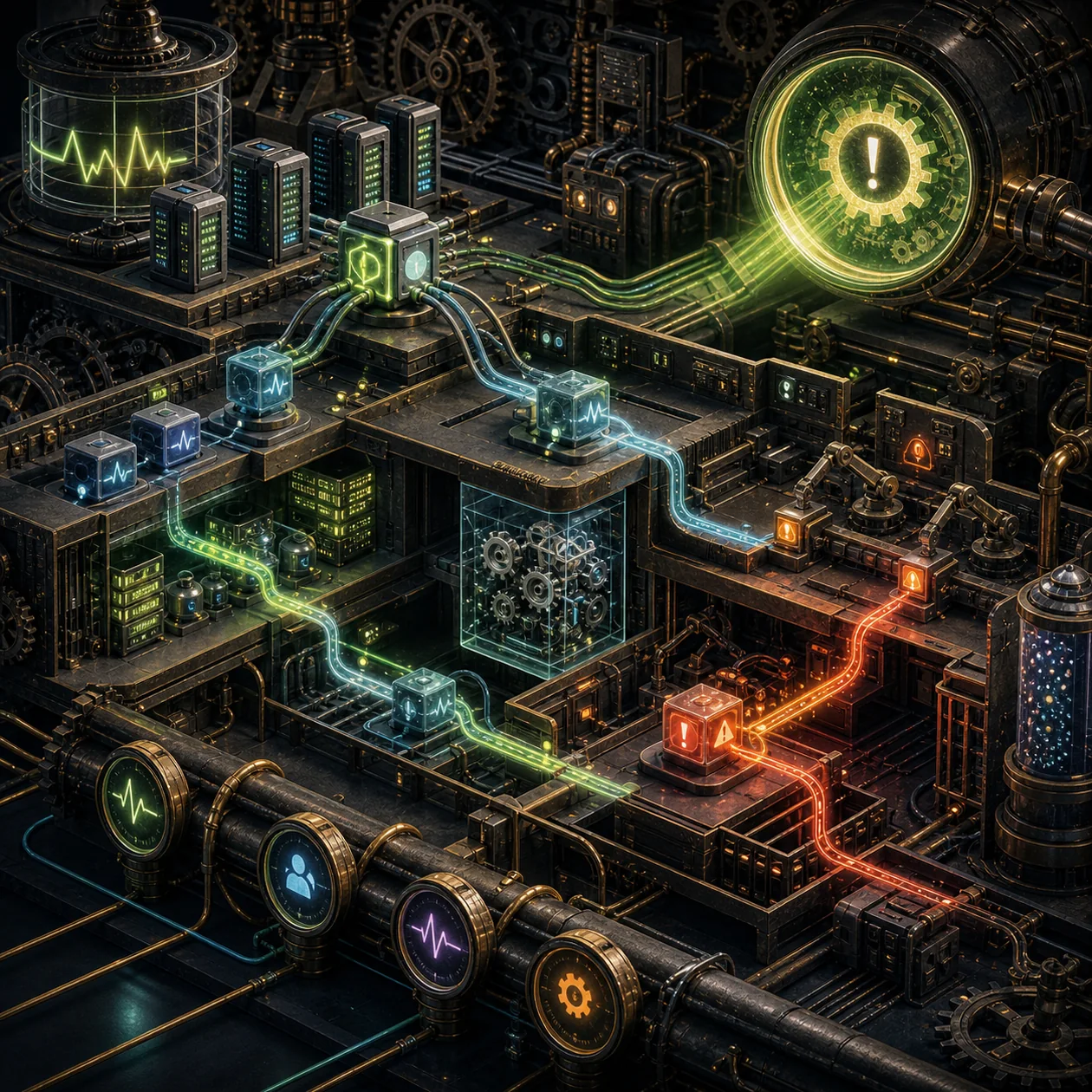 Illustration for Dynatrace: technical clockwork of services, sensors, and trace path