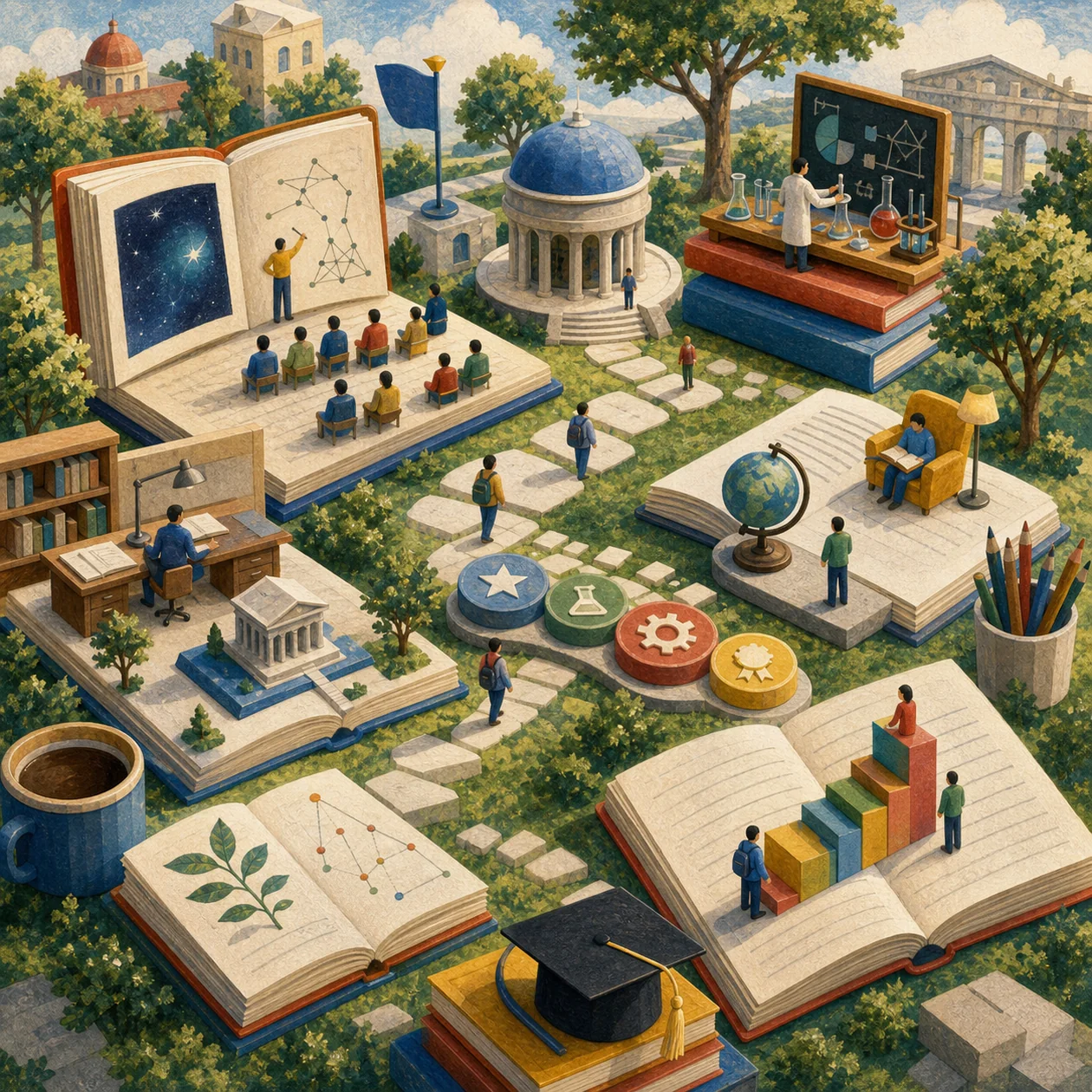 Illustration for edX: learning courtyard with course books, lab stations, and milestones