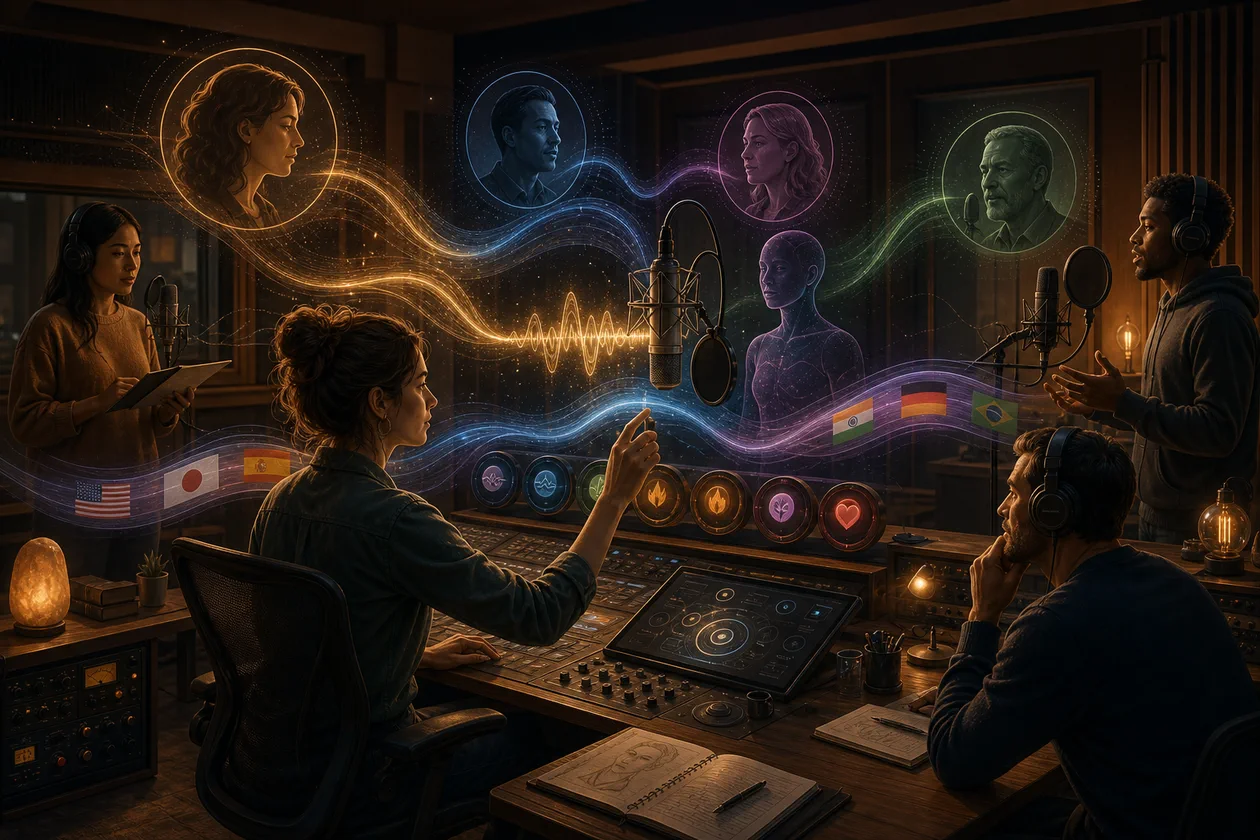 Illustration zu ElevenLabs: Voice-Team formt Erzaehlstimmen mit Wellenformen und Emotionsreglern