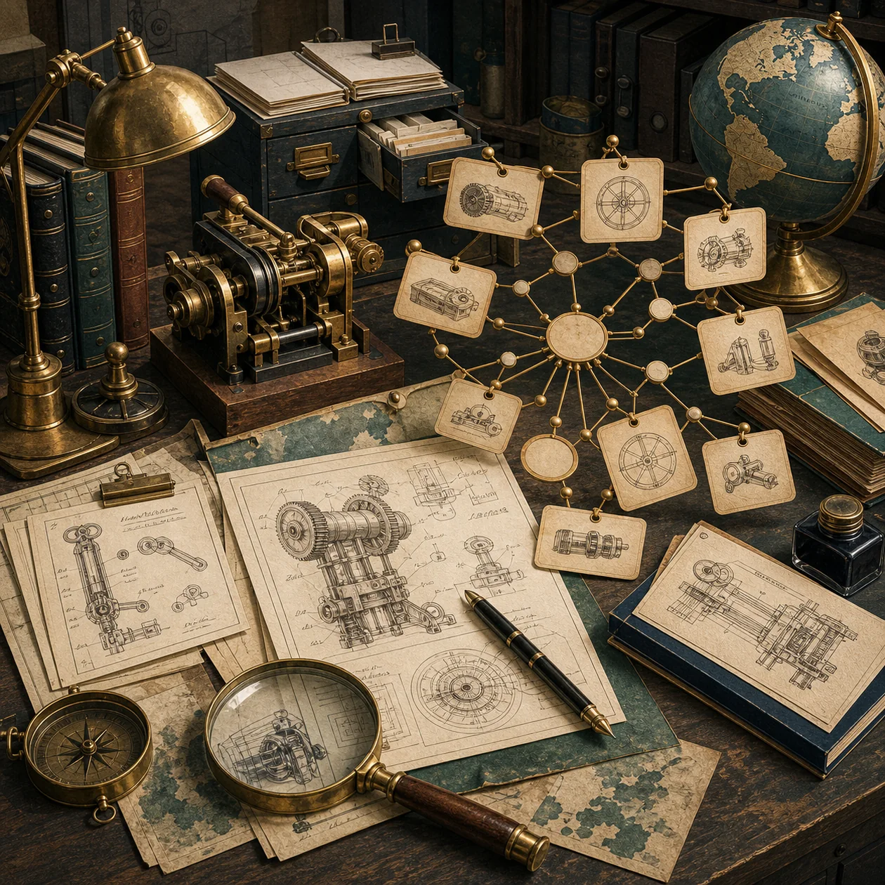 Illustration for Espacenet: patent archive with invention sketches, magnifier, and metal tags