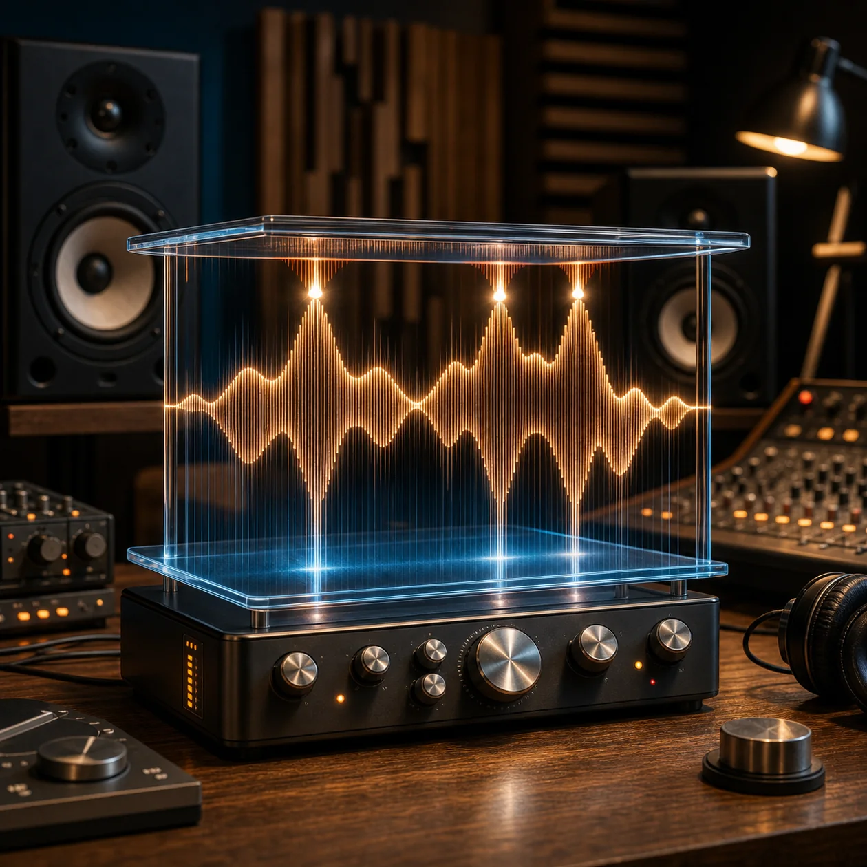 Illustration zu FabFilter Pro-L 2: Mastering-Studio mit begrenzter Lichtwelle zwischen Glasplatten