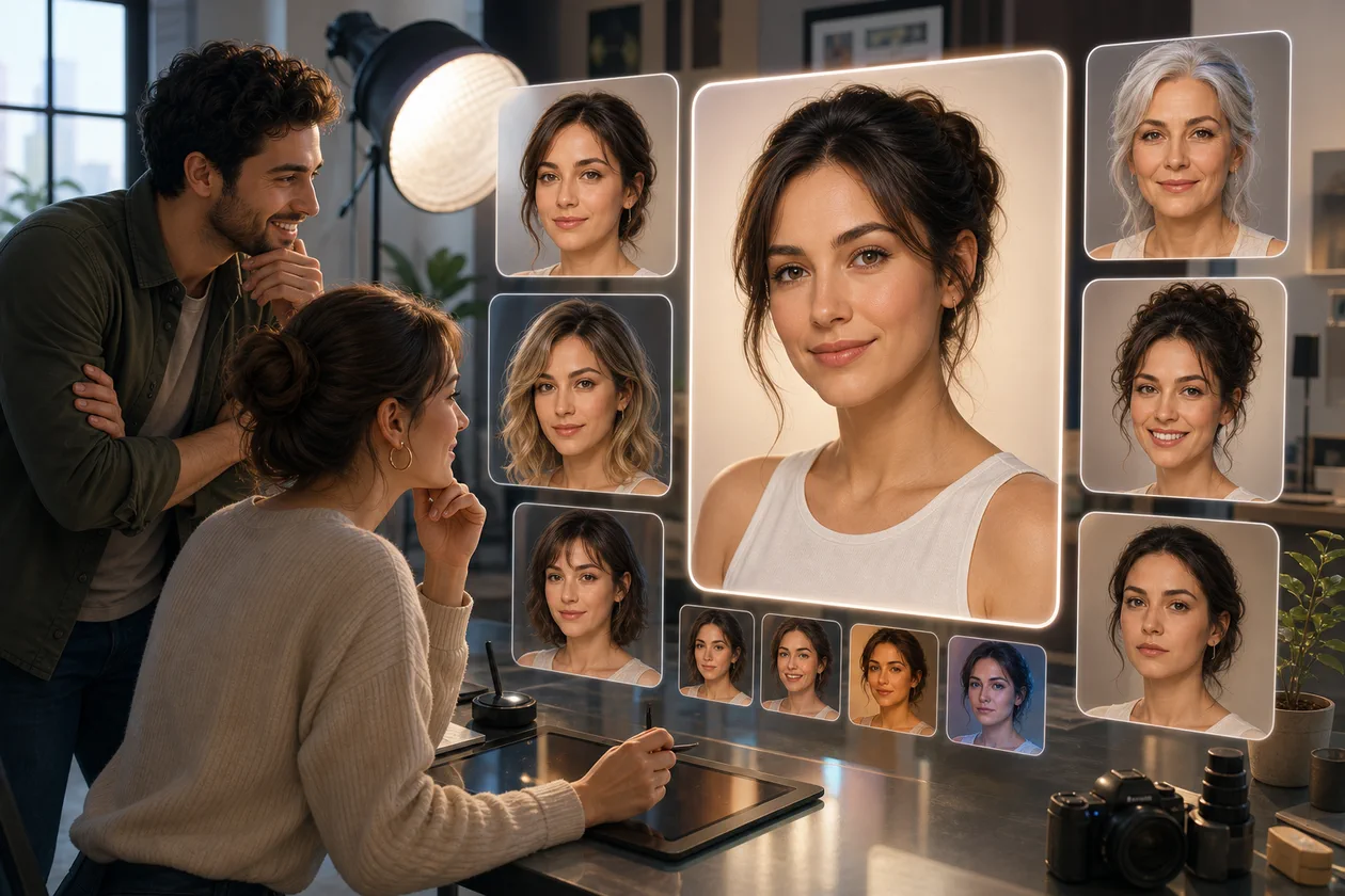 Illustration zu FaceApp: Portraitstudio zeigt generische Varianten fuer Licht, Alter und Ausdruck