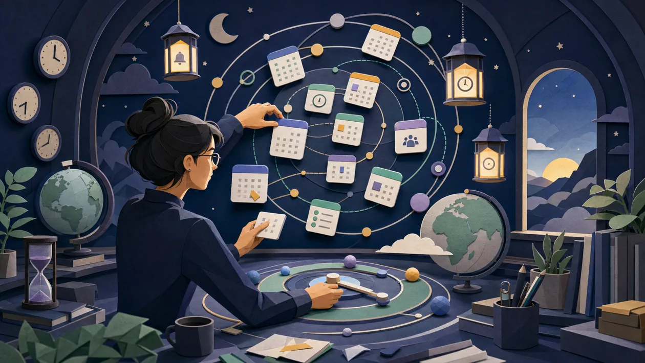 Illustration zu Fantastical: Kalenderkacheln und Terminuebersicht in einer Zeitwarte