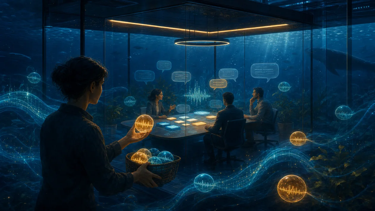 Illustration for Fathom: meeting notes emerge from audio waves and conversation moments