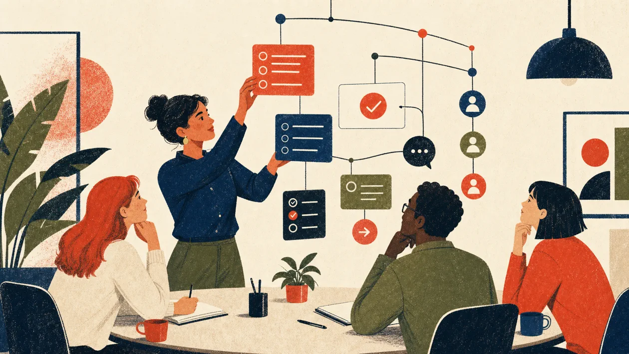 Illustration zu Fellow.app: Team ordnet Agenda, Entscheidungen und Aufgaben im Meeting