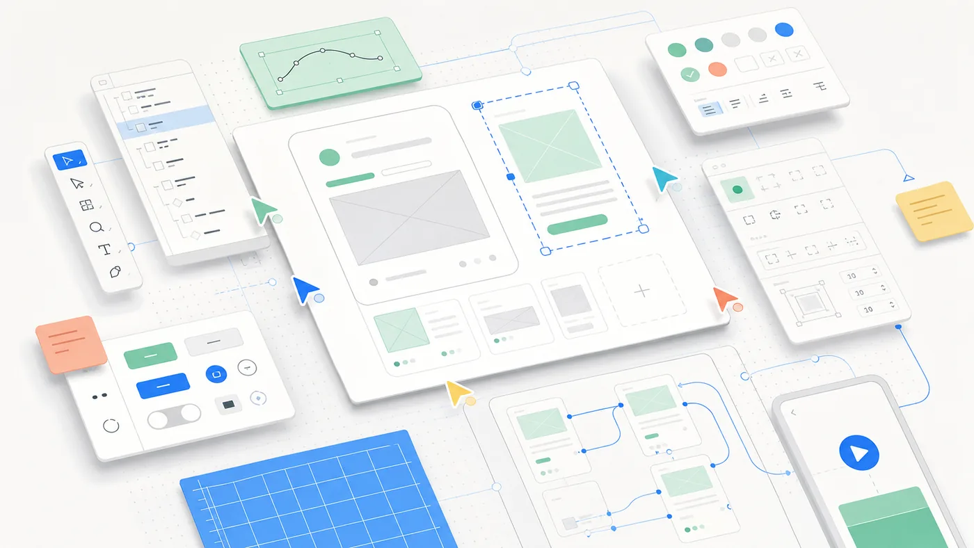 Illustration zu Figma: kollaborative Designfläche aus Komponenten, Cursorn und Übergabekarten