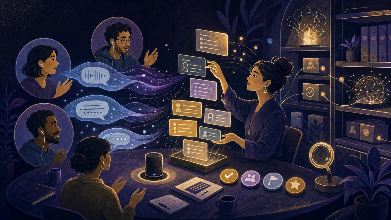 Illustration zu Fireflies.ai: Gespraeche werden zu Notizen, Aktionen und Erinnerungsarchiv