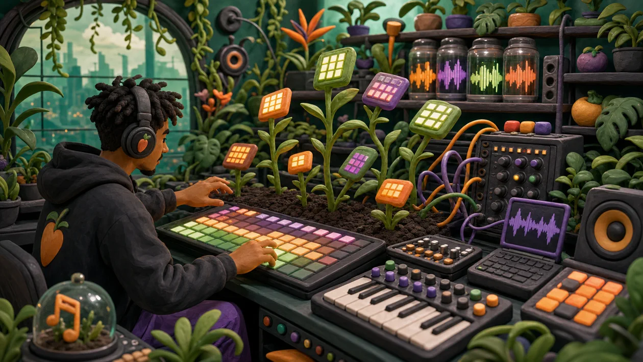 Illustration zu FL Studio: Musikproduktion mit Sequencer-Garten, Synths und Rhythmusbausteinen