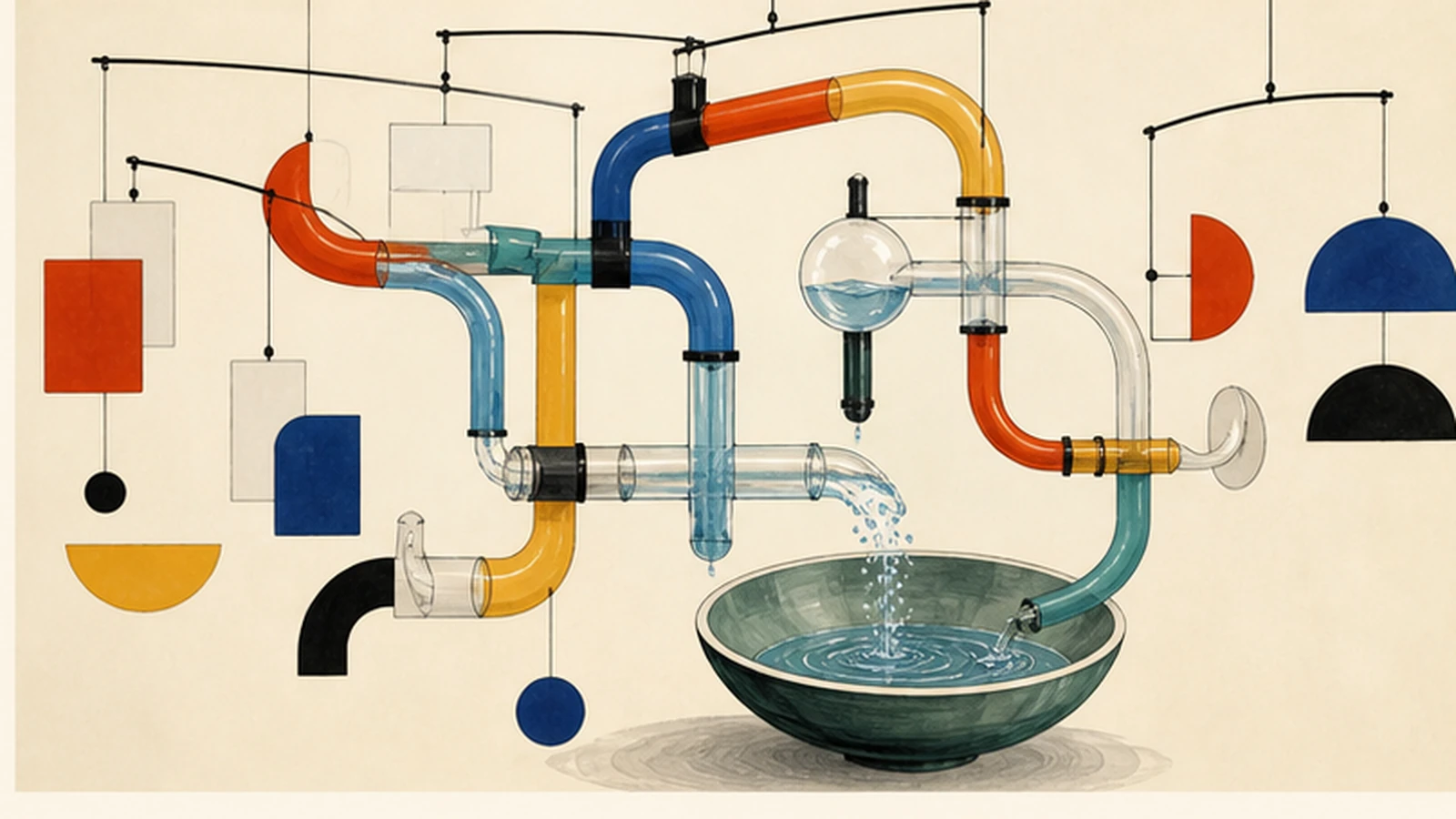 Illustration for Flowise: a visual agent pipeline links data sources, model nodes, a review loop, and a monitored API output