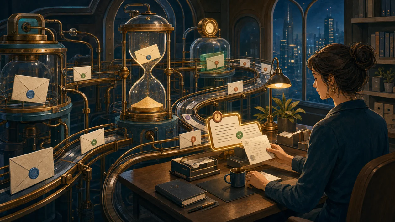 Illustration zu FollowUpThen: Mailroom mit Zeitrails fuer geplante Nachfass-Erinnerungen