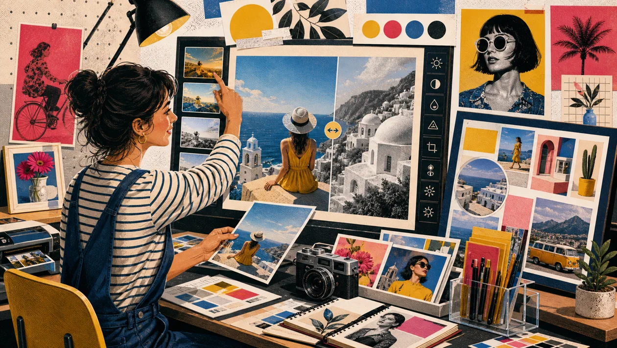 Illustration zu Fotor: Fotolabor kombiniert Filter, Collagen und Designvarianten