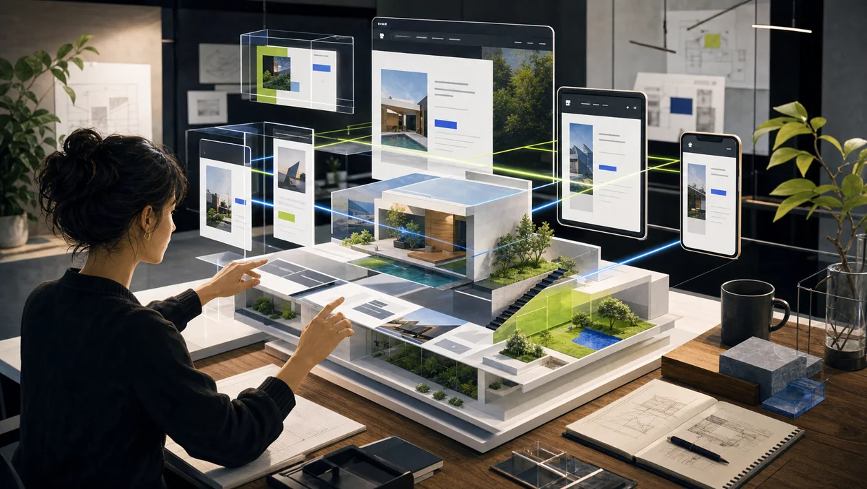 Illustration zu Framer: Website-Modell entsteht aus responsiven Screens und Interaktionen