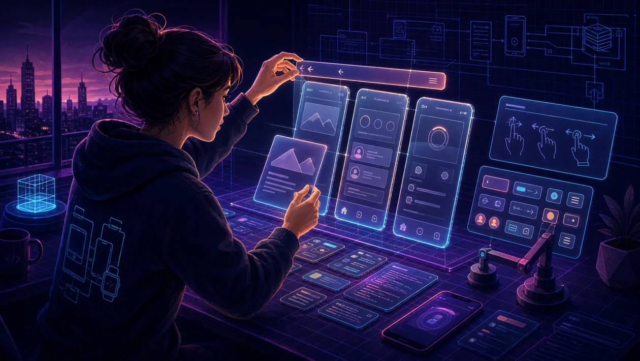 Illustration for Framework7: mobile app screens are assembled from components and gestures