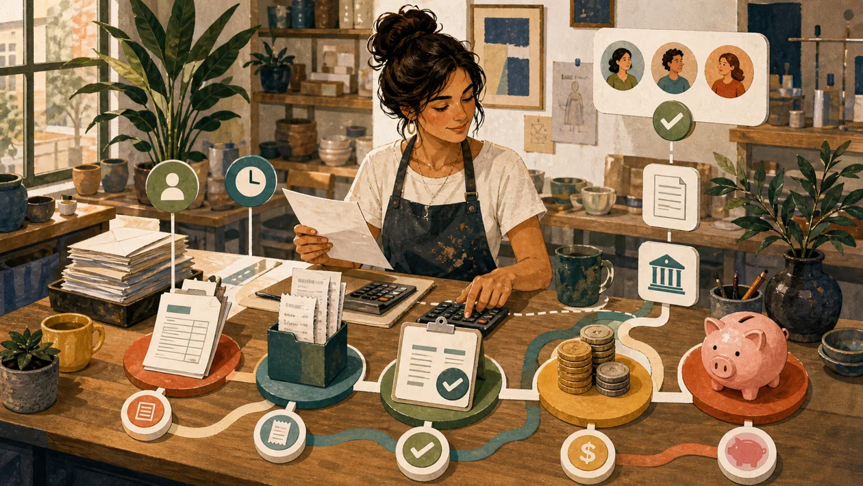 Illustration zu FreshBooks: Studioinhaber ordnet Rechnungen, Belege und Zahlungswege