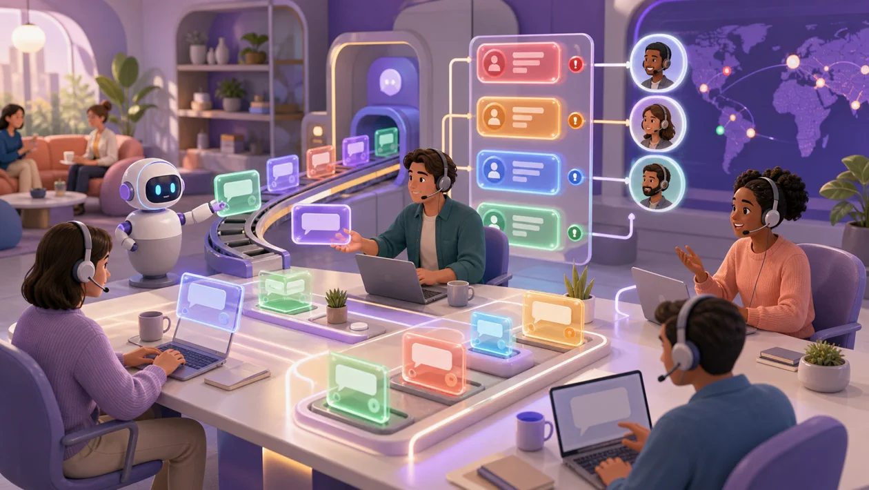 Illustration zu Freshchat: Support-Lounge sortiert Chatkacheln zwischen Automation und Team
