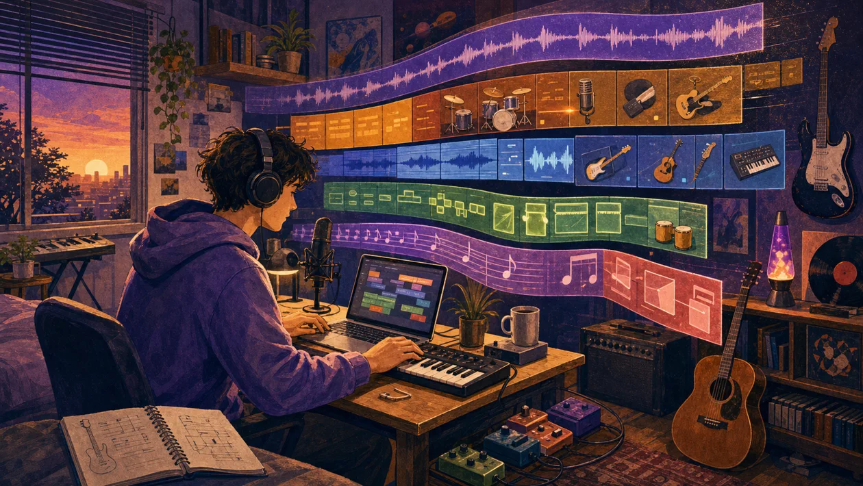 Illustration zu GarageBand: Bedroom-Studio baut Songs aus Loops, Instrumenten und Spuren