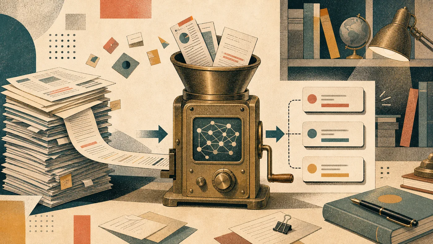 Illustration zu Genei: Lange Dokumente werden zu kompakten Notizen verdichtet