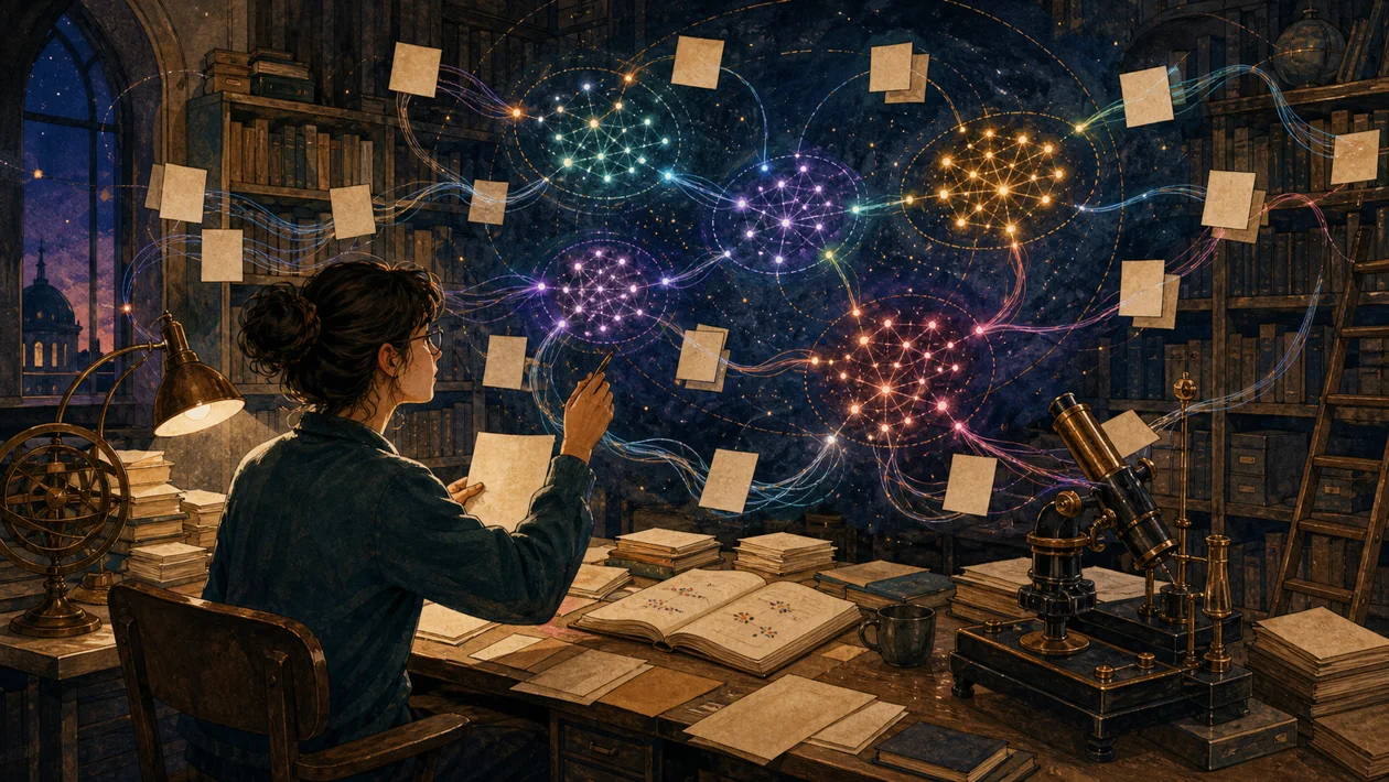 Illustration zu Gensim: Dokumente werden in einer Forschungsbibliothek zu Themenclustern