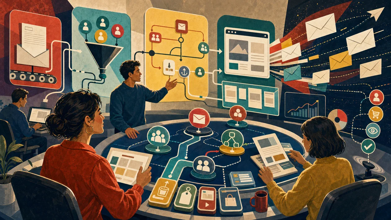Illustration for GetResponse: marketing team steers newsletters, audiences and automations