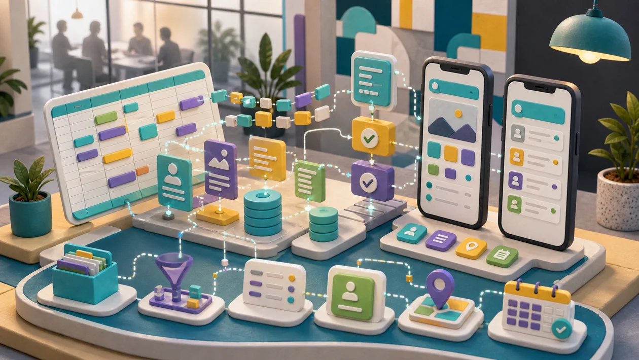 Illustration zu Glide: Tabellendaten wachsen zu mobilen App-Karten und Formularen