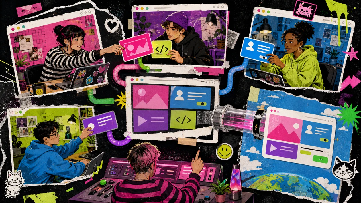 Illustration zu Glitch: Webprojekt wird in einer bunten Remix-Werkstatt neu zusammengesetzt