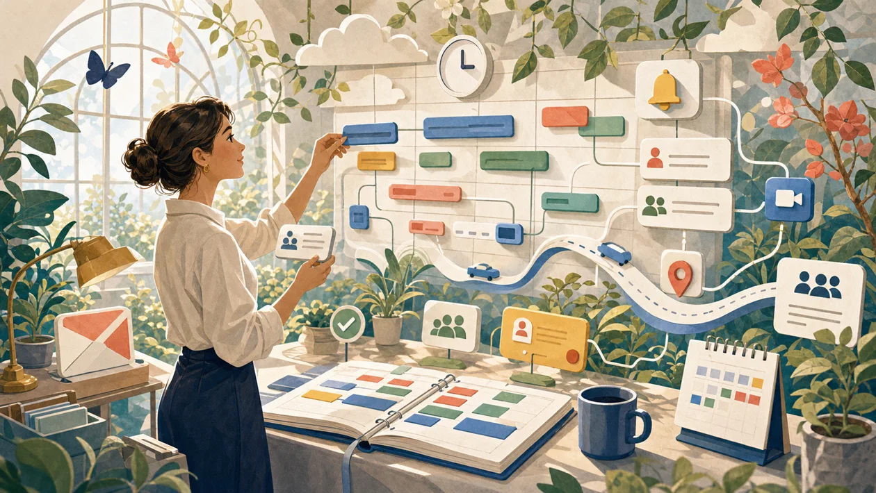 Illustration zu Google Calendar: Kalendergarten ordnet Termine, Erinnerungen und Verfuegbarkeit