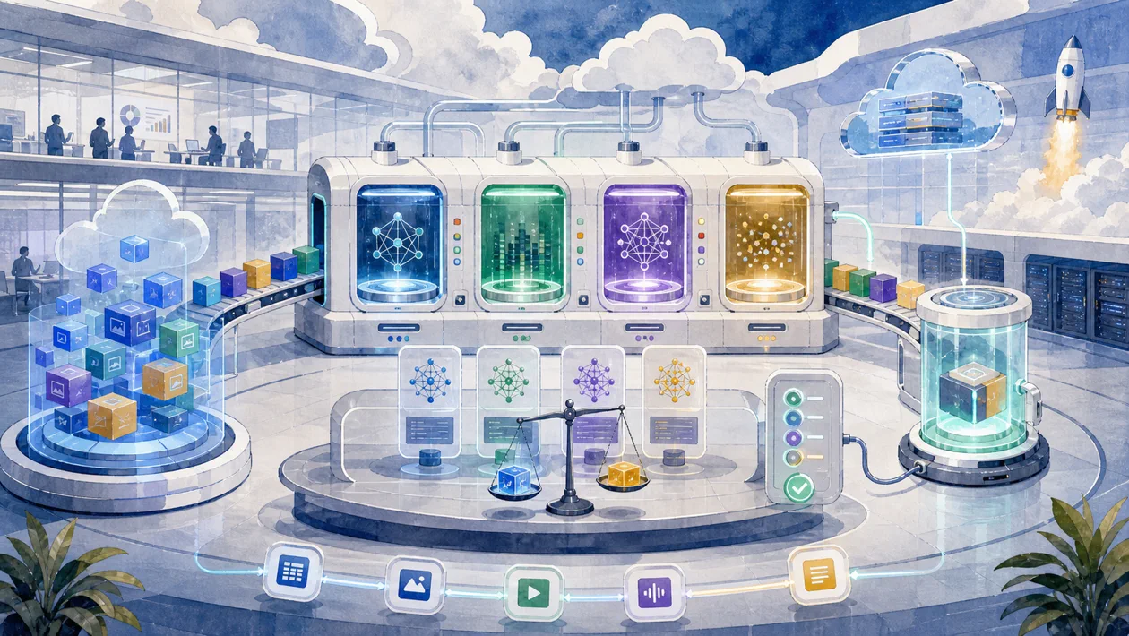 Illustration zu Google Cloud AutoML: Cloud-Labor trainiert Modelle aus Datenbloecken und Validierungssignalen